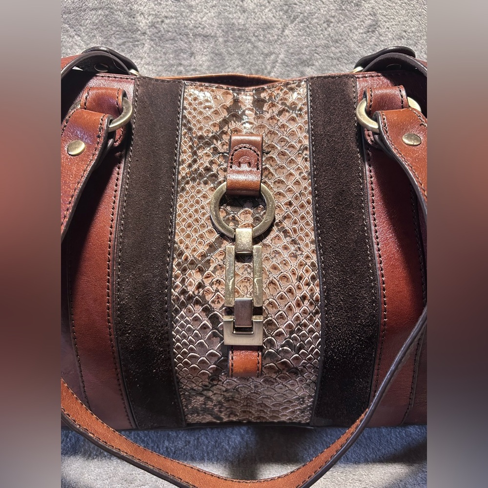 Etienne Aigner Cognac, Suede and Snakeskin Leather Tote w/ Silver Hardware - Picture 4 of 13